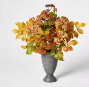 lot 44176 image: Faux Plants & Florals Autumn Foliage Arrangement in Gray Pedestal Vase
