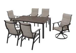 lot 44189 image: 7-Piece Patio Dining Set with Table and Chairs-Table top center has a broken piece.