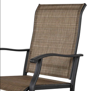 lot 44202 image: 6-Outdoor Patio Chairs with Textured Sling Back and Seats.  4 have Torn upholstery
