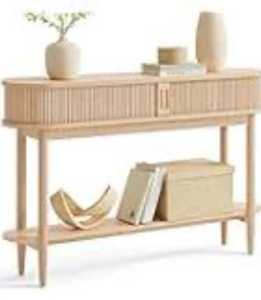 lot 44215 image: Console Table with Drawers and Open Shelf Storage.  Bottom shelf board is missing.  Color is a light wood grain.