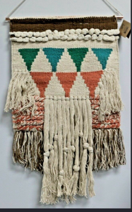 lot 44420 image: Woven Wall Hanging Tapestry with Geometric Triangle Pattern and Fringe