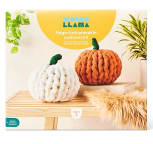 lot 44438 image: Llama Finger Knit Pumpkin Cushions Kit Makes 2 and Two Pumpkin snack containers.