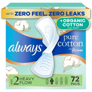 lot 18509 image: Always Pure Cotton, Organic Cotton top Layer Pads for Women with Wings, Feminine Care, Period, Menstrual, Sanitary, Postpartum, Size 2 Heavy Absorbency, Unscented, 72ct - Retail $27