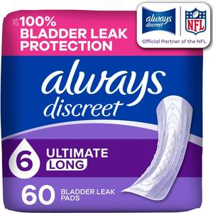 lot 18510 image: Always Discreet Adult Incontinence Pads for Women, Drier, 6 Drop Long Length, Extra Heavy Absorbency, Pads for Bladder Control Management, Bladder Leaks, & Postpartum Pads, 60ct - Retail $30
