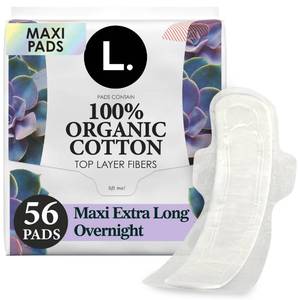lot 18512 image: L. Extra Long Maxi Pads for Women, Overnight Absorbency, Organic Cotton Top Layer, Unscented Pads with Wings, 56 Count (2 Packs of 28) - Retail $28