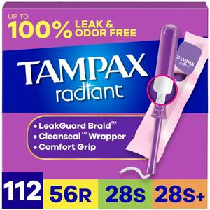 lot 18513 image: Tampax Radiant Tampons for Women Multipack, with LeakGuard Braid, RegularSuperSuper Plus Absorbency, Unscented, 112 Count (4 Packs of 28), Packaging May Vary - Retail $32