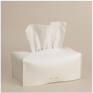 lot 18535 image: Rectangle Tissue Box Cover, White, Standard SizeFaux leather tissue box holder fits Kleenex 110-160 ct flat boxes, Needs to be Cleaned. - Retail $14