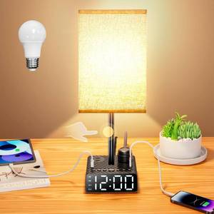 lot 18547 image: BTU Bedside Table lamp with Alarm Clock - 3 Color Temperatures Bedside Lamps with USB C and A Ports,Table Lamps with AC Outlet, Nightstand Lamps for Kids Room, Living Room, College Dorm, Home, Office - Retail $38