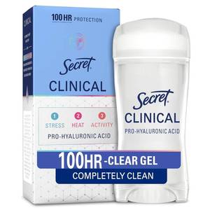 lot 18550 image: Secret Clinical Strength 100HR Sweat & Odor, Clear Gel Antiperspirant Deodorant for Women, 3X Stress Protection with Hyaluronic Acid, PH Balancing Minerals, Completely Clean Scent, 2.6 oz - Retail $14
