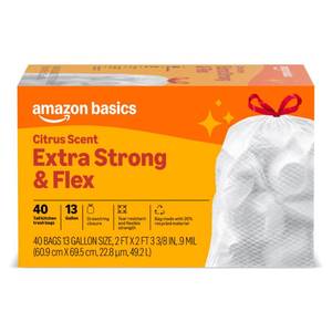 lot 64423 image: Amazon Basics Extra Strong & Flex Tall Kitchen Drawstring Trash Bags, Citrus Scent, 13 Gallon, 40 Count - Retail $8