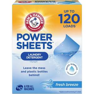 lot 64424 image: ARM & HAMMER Power Sheets Laundry Detergent, Fresh Breeze Scent, 60ct - Retail $12