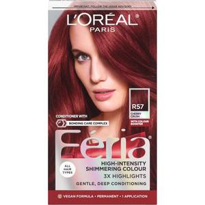 lot 64425 image: LOreal Paris Feria Multi-Faceted Shimmering Permanent Hair Color, R57 Cherry Crush (Intense Medium Auburn), Pack of 1 Hair Dye Kit - Retail $13