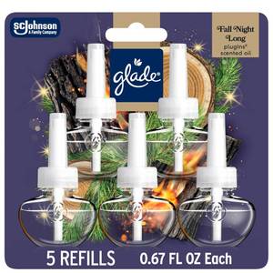 lot 64463 image: Glade PlugIns Scented Oil 5 Refills, Air Freshener, Fall Night Long, 3.35 fl oz, Pack of 5 - Retail $12