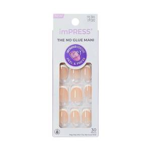 lot 64464 image: Kiss Impress No Glue Mani Press On Nails, Model, Classic French Manicure Kit, 30 Light Neutral  White Tip, Short Squoval, With IMPROVED Adhesive, Includes Prep Pad, Manicure Stick & Mini File - Retail $9