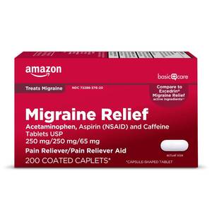 lot 64491 image: Amazon Basic Care Migraine Relief Acetaminophen, Aspirin (NSAID) and Caffeine Tablets, Pain RelieverPain Reliever Aid, 200 Count - Retail $13