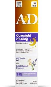 lot 64509 image: AD Overnight Healing Diaper Rash Ointment, with Vitamins, Lavender, 3.6 OzSoothes, Protects and Relieves Irritated Skin Overnight with Vitamins A and D, Colloidal Oatmeal & Lavender - Retail $20