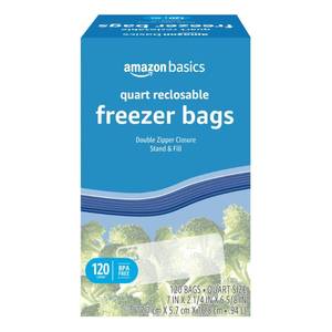 lot 64602 image: Amazon Basics Reclosable Freezer Quart Food Storage Bags with Zipper Seal, BPA Free, Stand and Fill, Airtight, 120 Count (Previously Solimo) - Retail $8