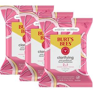 lot 64605 image: Burts Bees Pink Grapefruit Face Wipes, for All Skin Types, Hydrating Makeup Remover & Facial Cleansing Towelettes, 30 Ct. (3-Pack) - Retail $18