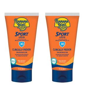 lot 64621 image: Banana Boat Sport Ultra Sunscreen Lotion SPF 30, Travel Size 3oz Twin Pack, Sweat & Water Resistant Sunblock for Active Lifestyle(Pack of 2) - Retail $7