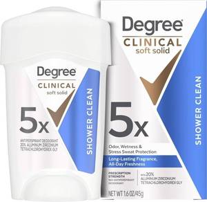lot 64622 image: Degree Clinical Antiperspirant Deodorant Soft Solid, Shower Clean, 1.7 oz - Retail $9