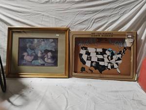 lot 34735 image: Two Wall art items, ducks in a golden frame, along with a cork board of the states