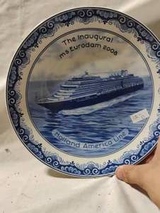 lot 34747 image: Vintage Blue Delft commemorative inaugural plate featuring a Holland America Line cruise ship