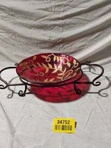 lot 34752 image: Ardacam Red and Gold Hand-Painted Glass Decorative Serving Oval Bowl set in a decorative metal holder