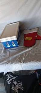 lot 34694 image: One mitten, Christmas Stocking, along with a Christmas snowman storage tub