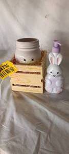 lot 34706 image: Easter Bundle with wooden basket, bunny jar, and bunny soap dispenser