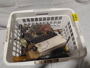 lot 34769 image: Basket full of misc. garage items, tools, parts etc.