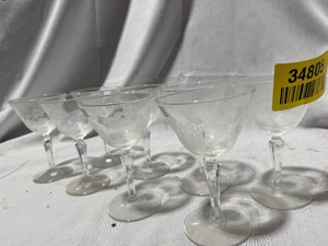 lot 34805 image: Set of vintage clear stemware with an etched floral pattern