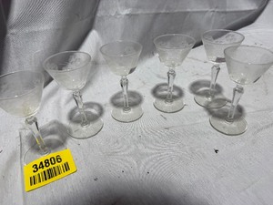 lot 34806 image: Set of vintage clear stemware with an etched floral pattern