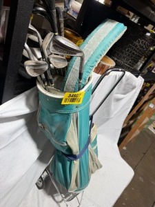 lot 34807 image: Vintage teal golf bag with several different clubs and sizes