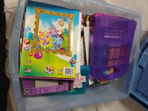 lot 34976 image: Coloring books for kids and adults, Crayons, washable markers, pen holder bag, neon glitter markers, metallic markers