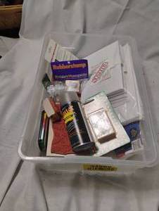 lot 34989 image: Bundle of art and craft supplies, Glitter spray can, vintage ornaments to create, rubber stamps, holiday cards kit