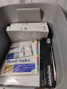 lot 35041 image: Storage tub full of 3 ring binders, paper notebooks, index inserts, yellow envelopes, and a box of sheet protectors