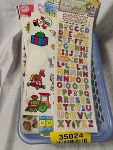 lot 35024 image: Iron-on transfers, alphabet stickers, and an assortment of different stickers for scrapbooking