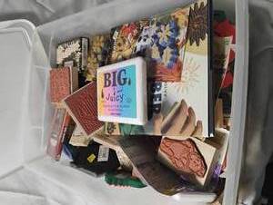 lot 34973 image: A tub full of rubber stamp collection and stamp ink, along with Rubber stamping how to book