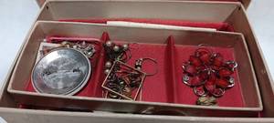lot 35106 image: Jewelry box with an assortment of pieces, along with vintage pins