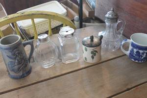 lot 4519 image: Vtg. Glass Syrup Bottle, Coffee Cup and More