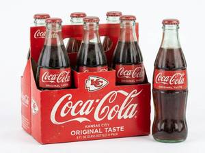 lot 64020 image: Coca-Cola Kansas City Chiefs Classic 8 fl oz Glass Bottles 6-Pack