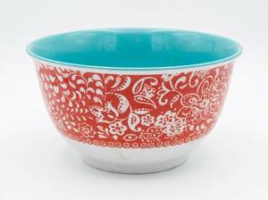lot 64061 image: The Pioneer Woman Mixing Bowl with Turquoise Interior Red Patterned Exterior