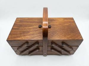 lot 64109 image: Vintage Wood Sewing Basket w Unfolding Shelves & Handle