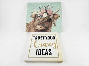lot 64137 image: Canvas Wall Art Set - Highland Cow with Flowers & Sign