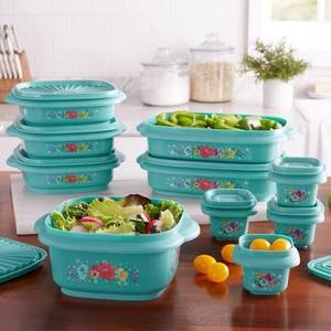 lot 64044 image: The Pioneer Woman Turquoise Plastic Food Storage Containers w Lids