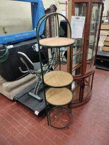 lot 25859 image: Metal Plant Stand w Wood Shelves 3-Tier