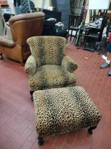 lot 25866 image: Leopard Print Upholstered Armchair with Ottoman