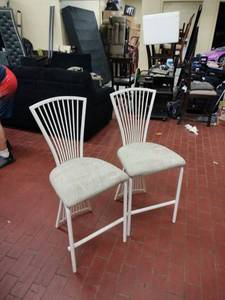 lot 25867 image: White Counter Height Dining Chairs Pair w Curved Spindle Back