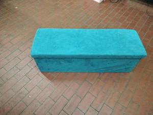 lot 25894 image: Turquoise Upholstered Storage Bench with Lid and Miscellaneous Toys