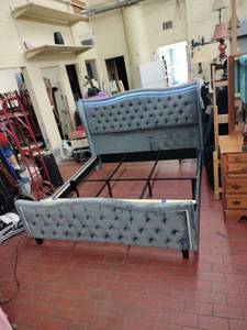 lot 25896 image: Gray Upholstered King Bed Frame w LED Headboard and Footboard